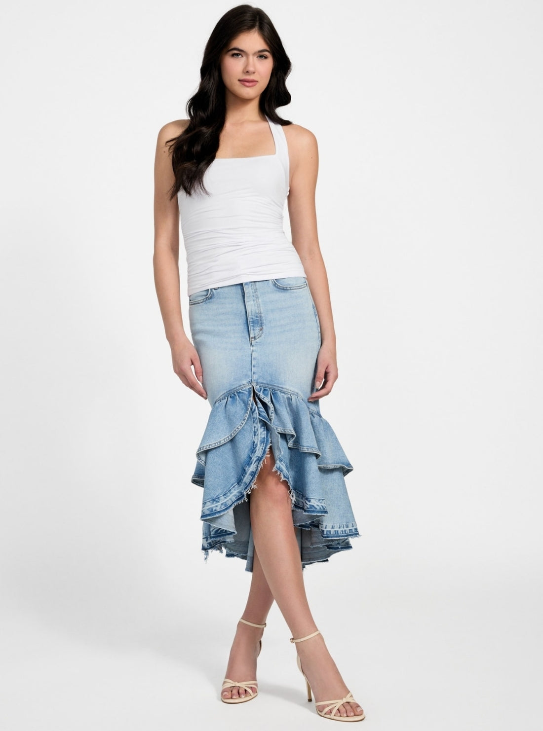 GUESS Womens Eco White Nora Halter Shirred Tank Top W5YP62KACM2 Full View