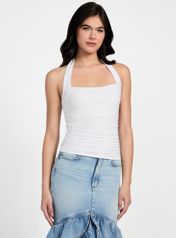 GUESS Womens Eco White Nora Halter Shirred Tank Top W5YP62KACM2 Front View
