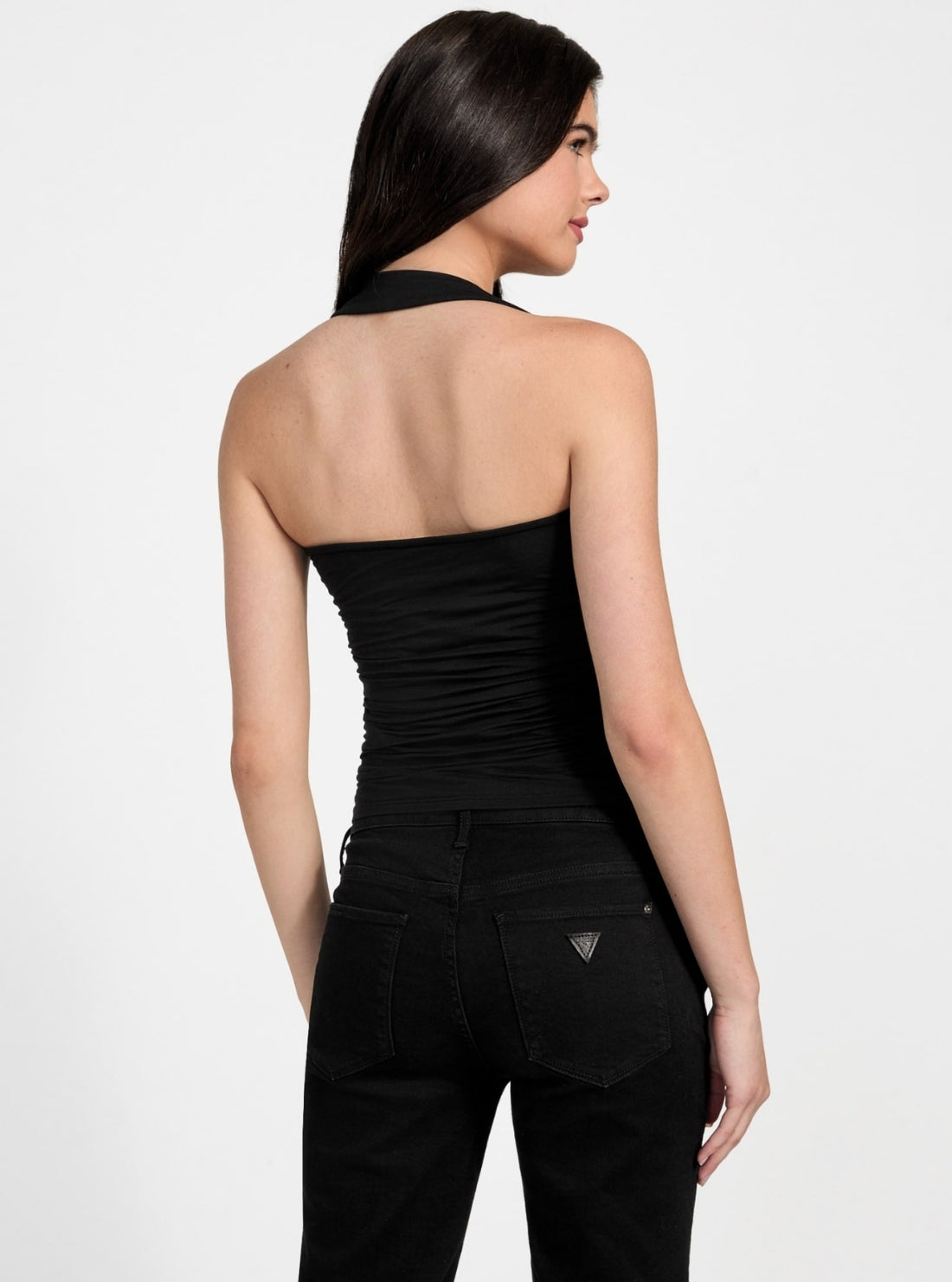 GUESS Womens Eco Black Nora Halter Shirred Tank Top W5YP62KACM2 Back View