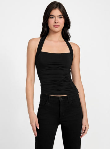 GUESS Womens Eco Black Nora Halter Shirred Tank Top W5YP62KACM2 Front View