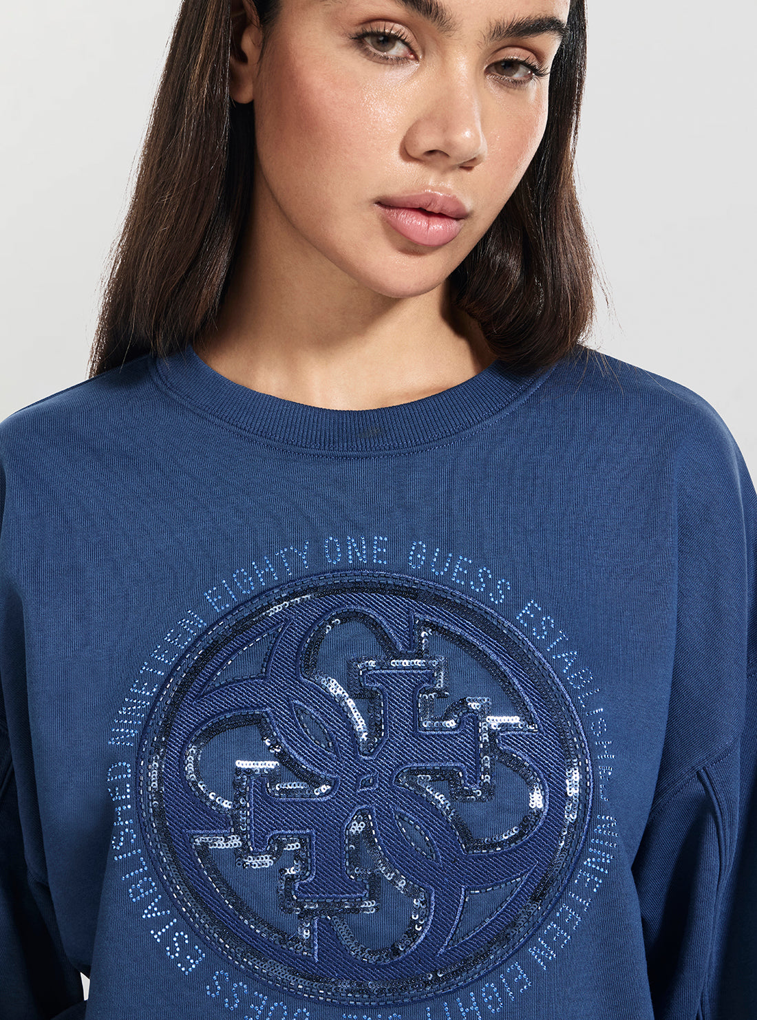 GUESS Womens Blue 4G Logo Hotfix Sweatshirt W5YQ07KB681 Detail VIew
