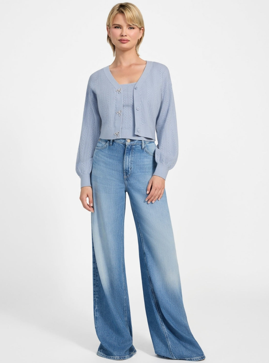 GUESS Womens Eco Blue Lyla Cardigan Knitted Sweater W5YR01Z2ZK2 Full View