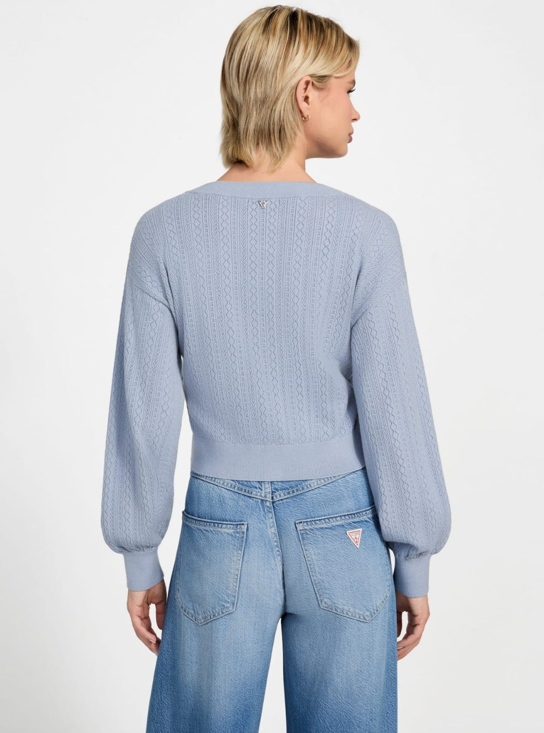 GUESS Womens Eco Blue Lyla Cardigan Knitted Sweater W5YR01Z2ZK2 Back View
