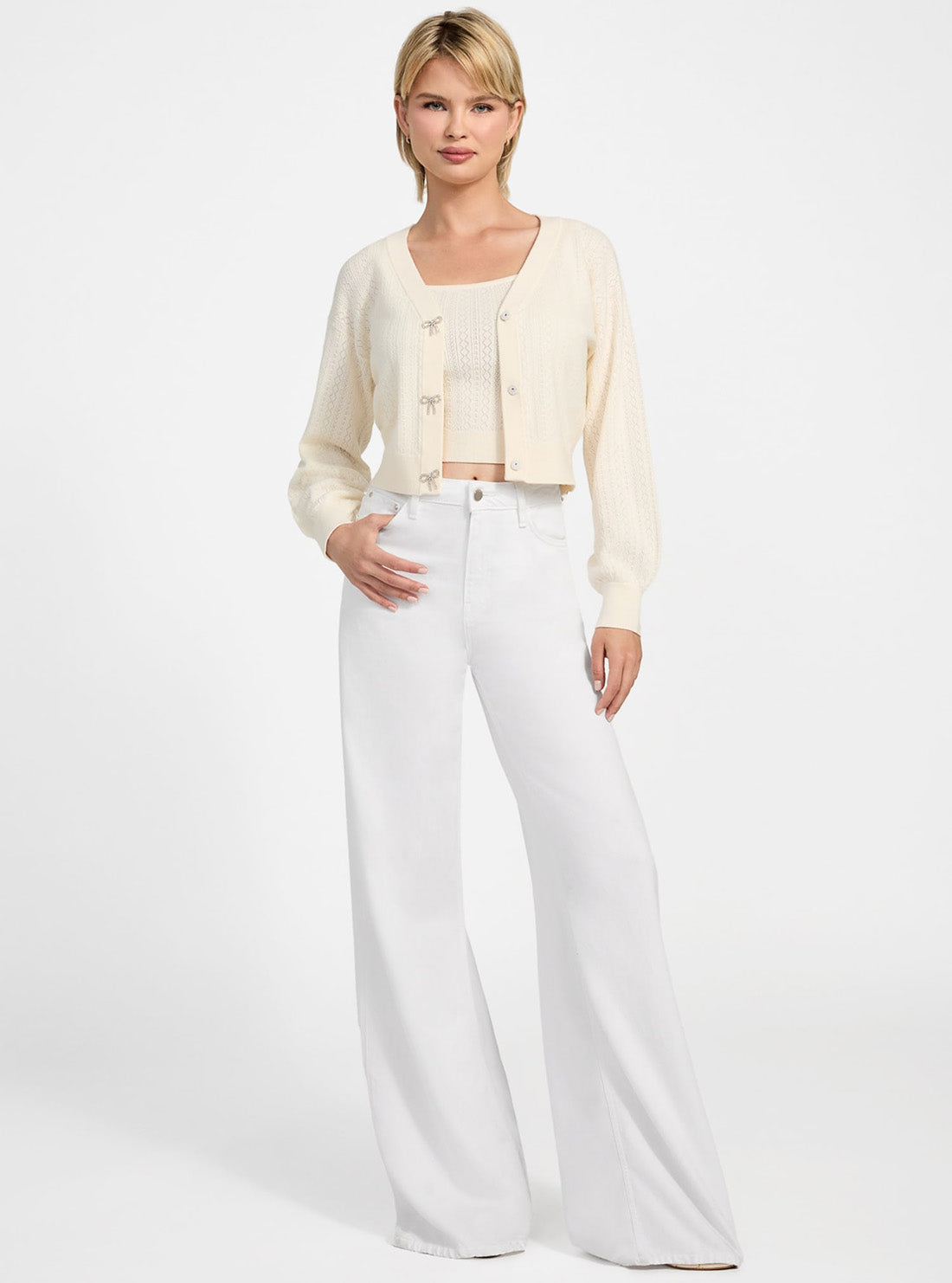 GUESS Womens White Lyla Cardi knitted Sweater W5YR01Z2ZK2 Full view