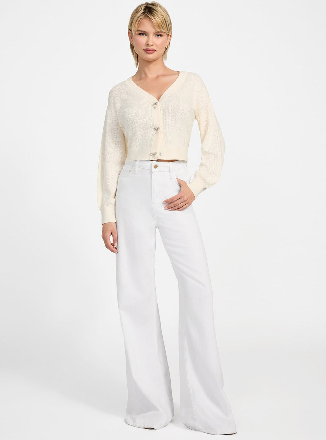 GUESS Womens White Lyla Cardi knitted Sweater W5YR01Z2ZK2 Full View_2