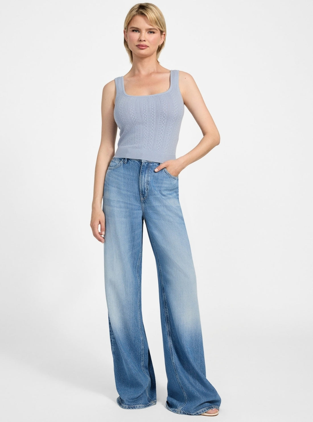 GUESS Womens Eco Blue Lyla Sweater Tank Top W5YR02Z2ZK2 Full View