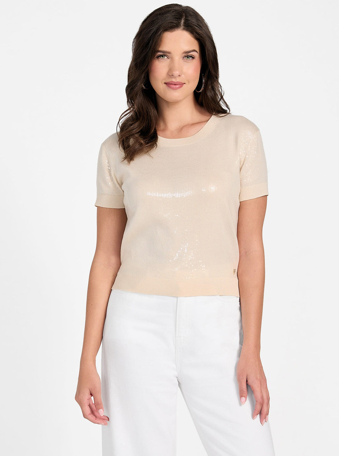 GUESS Womens White Juniper Sequins Sweater W5YR21Z3E70 Front View