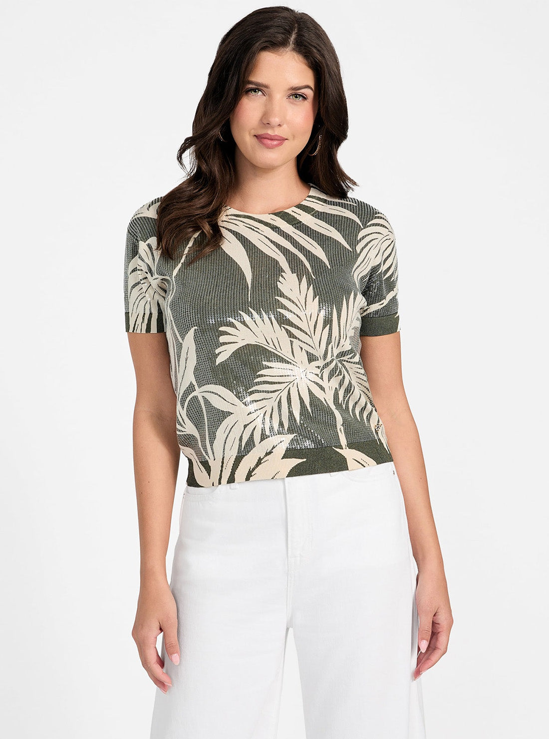 GUESS Womens Green Multi Juniper Sequins Sweater W5YR21Z3E70 Front View