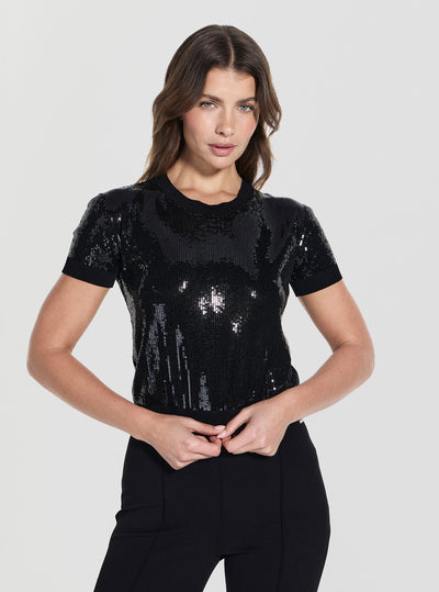 GUESS Womens Black Juniper Sequin Sweater W5YR21Z3E70 Front View