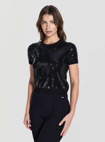 GUESS Womens Black Juniper Sequin Sweater W5YR21Z3E70 Front View