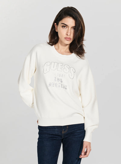 GUESS Womens Eco White Leighton Logo Sweater W5YR26Z26I2 Front View