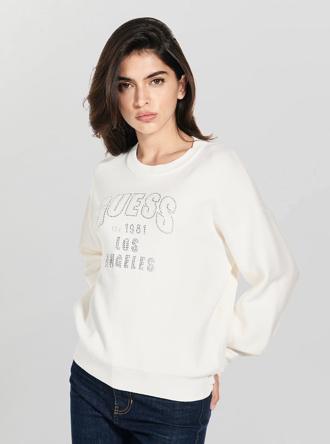 GUESS Womens Eco White Leighton Logo Sweater W5YR26Z26I2 Front View_2