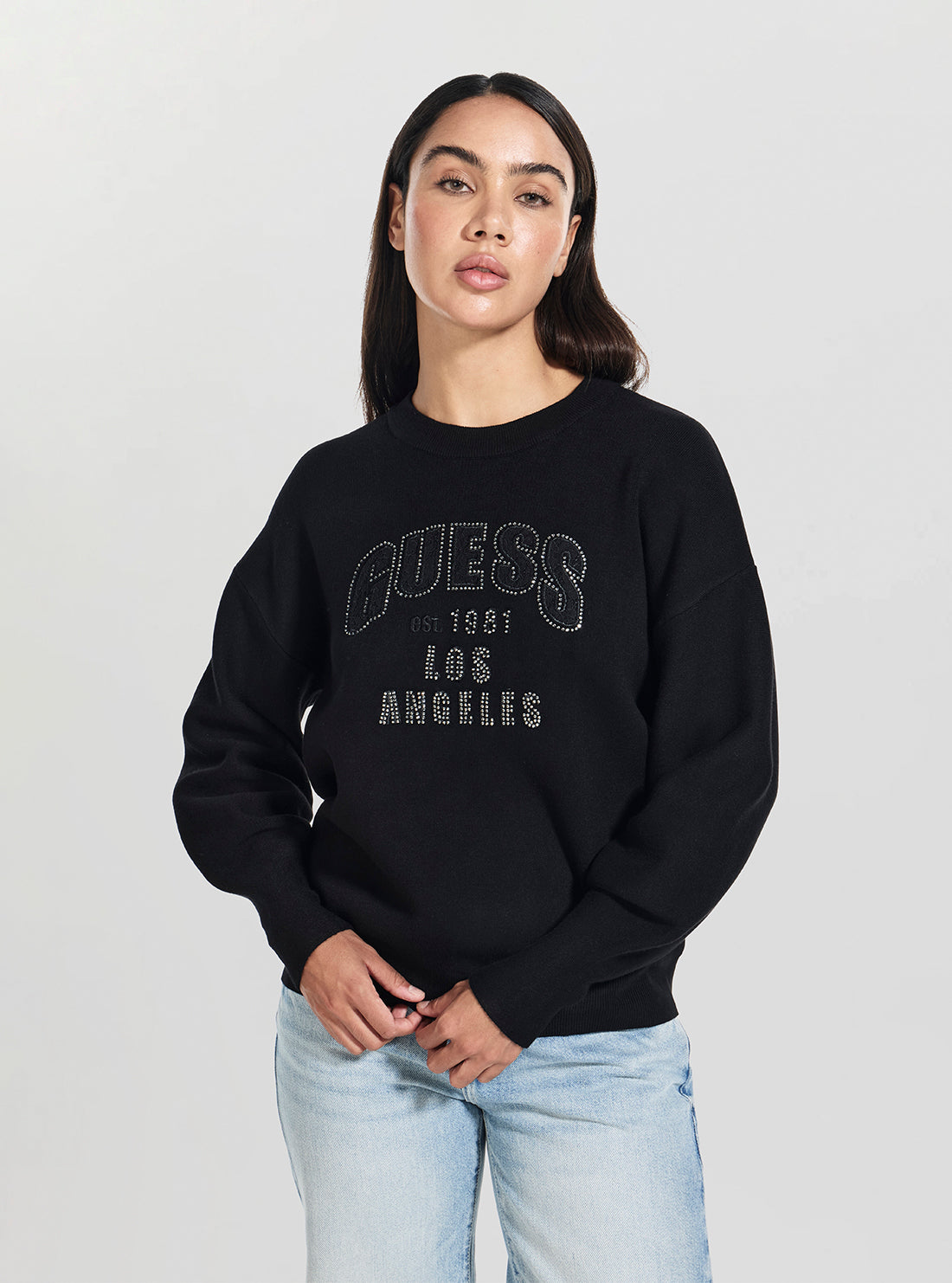 GUESS Womens Black Leighton Logo Sweater W5YR26Z26I2 Front View