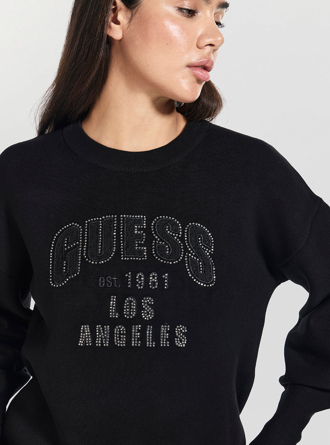 GUESS Womens Black Leighton Logo Sweater W5YR26Z26I2 Detail VIew