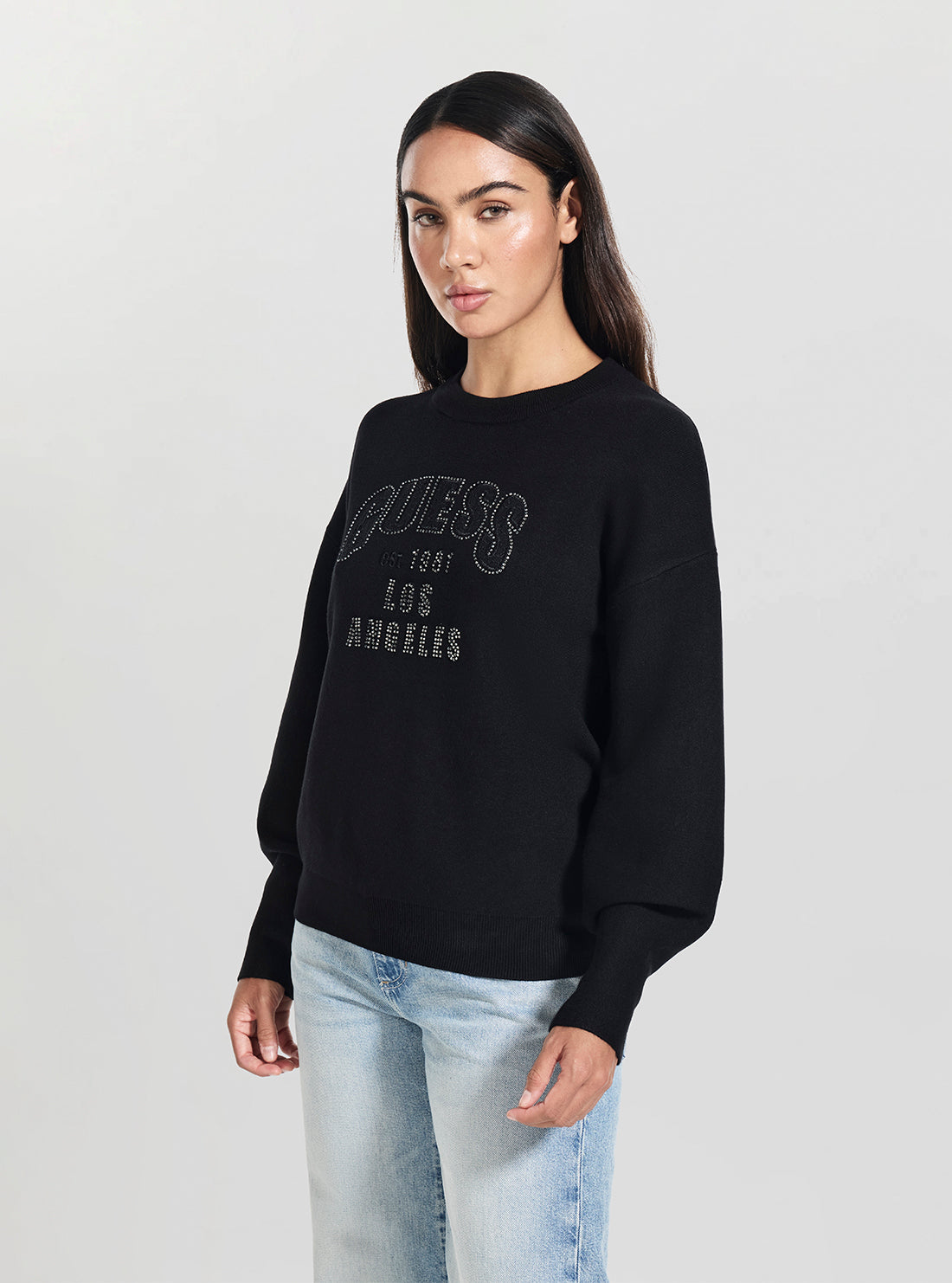 GUESS Womens Black Leighton Logo Sweater W5YR26Z26I2 Side VIew