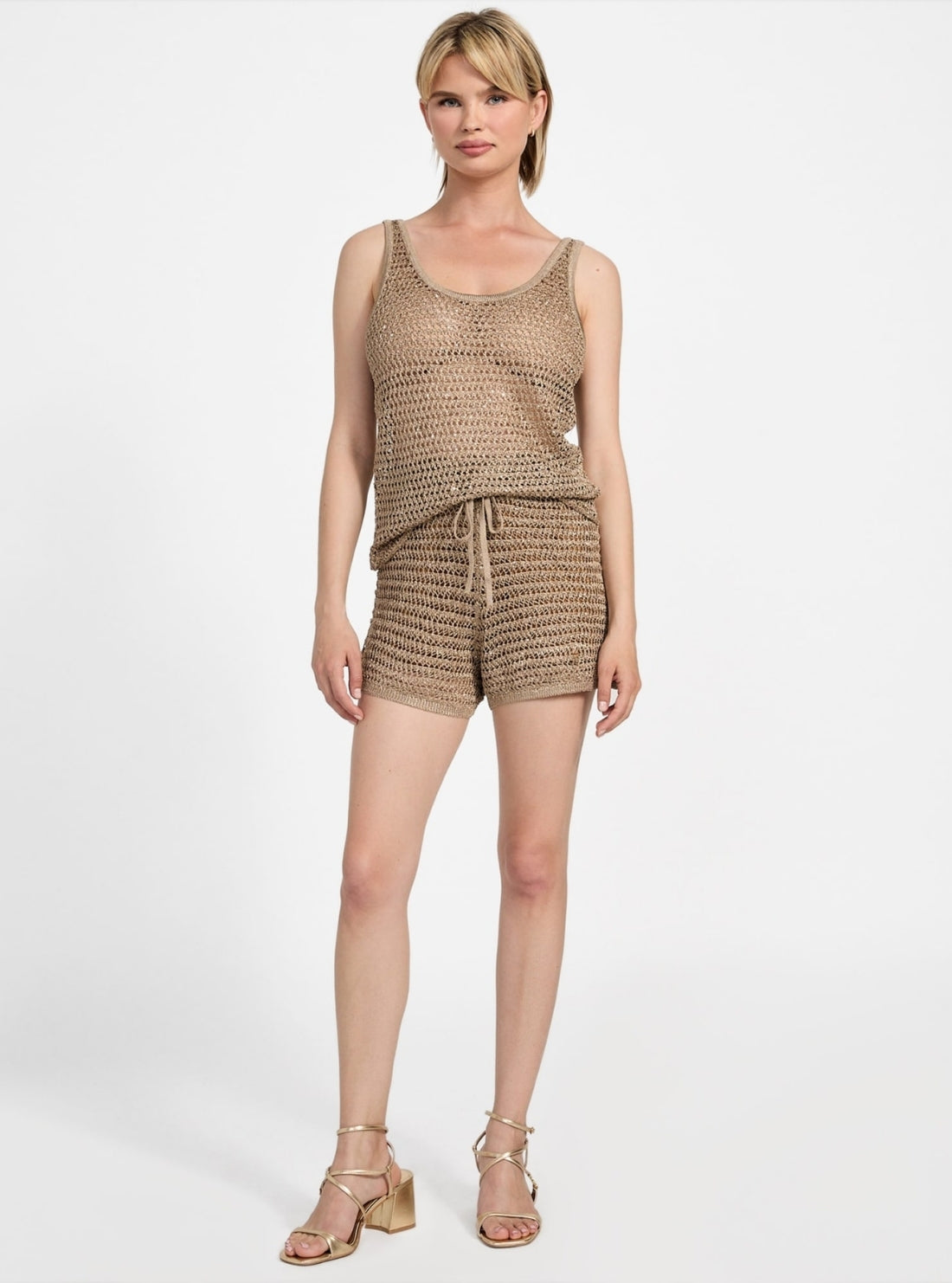 GUESS Womens Metallic Brown Ava Open Stitch Tank Top W5YR29Z37G0  Full View