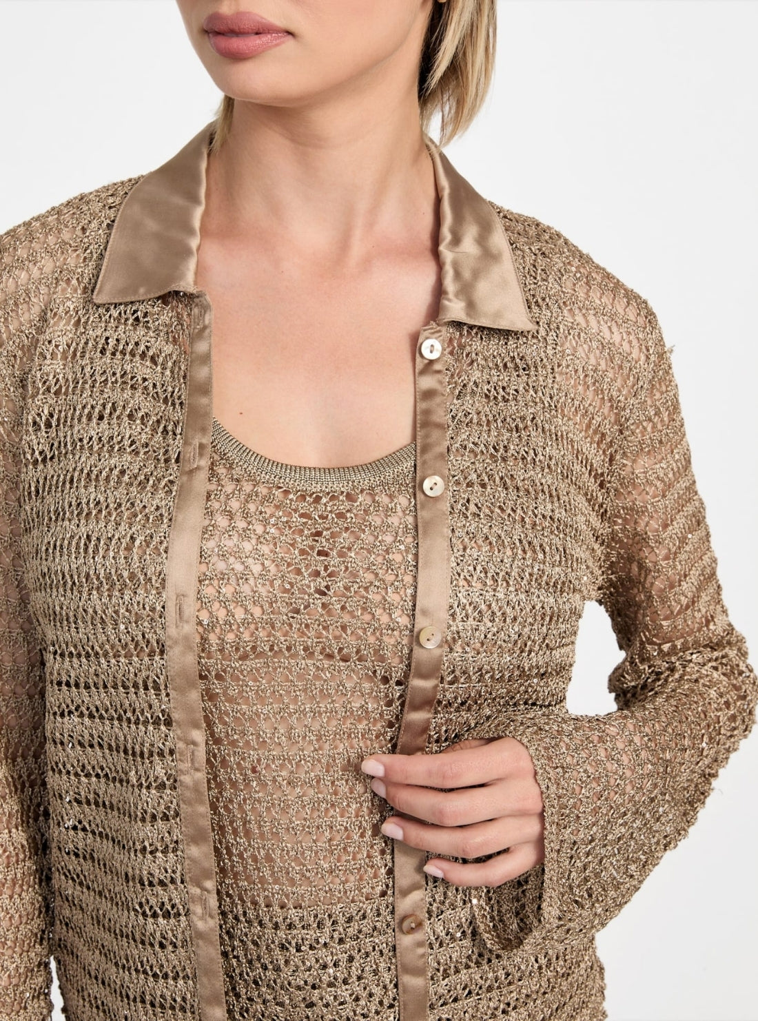 GUESS Womens Beige Bella Button-Front Top W5YR30Z37G0 Detail View