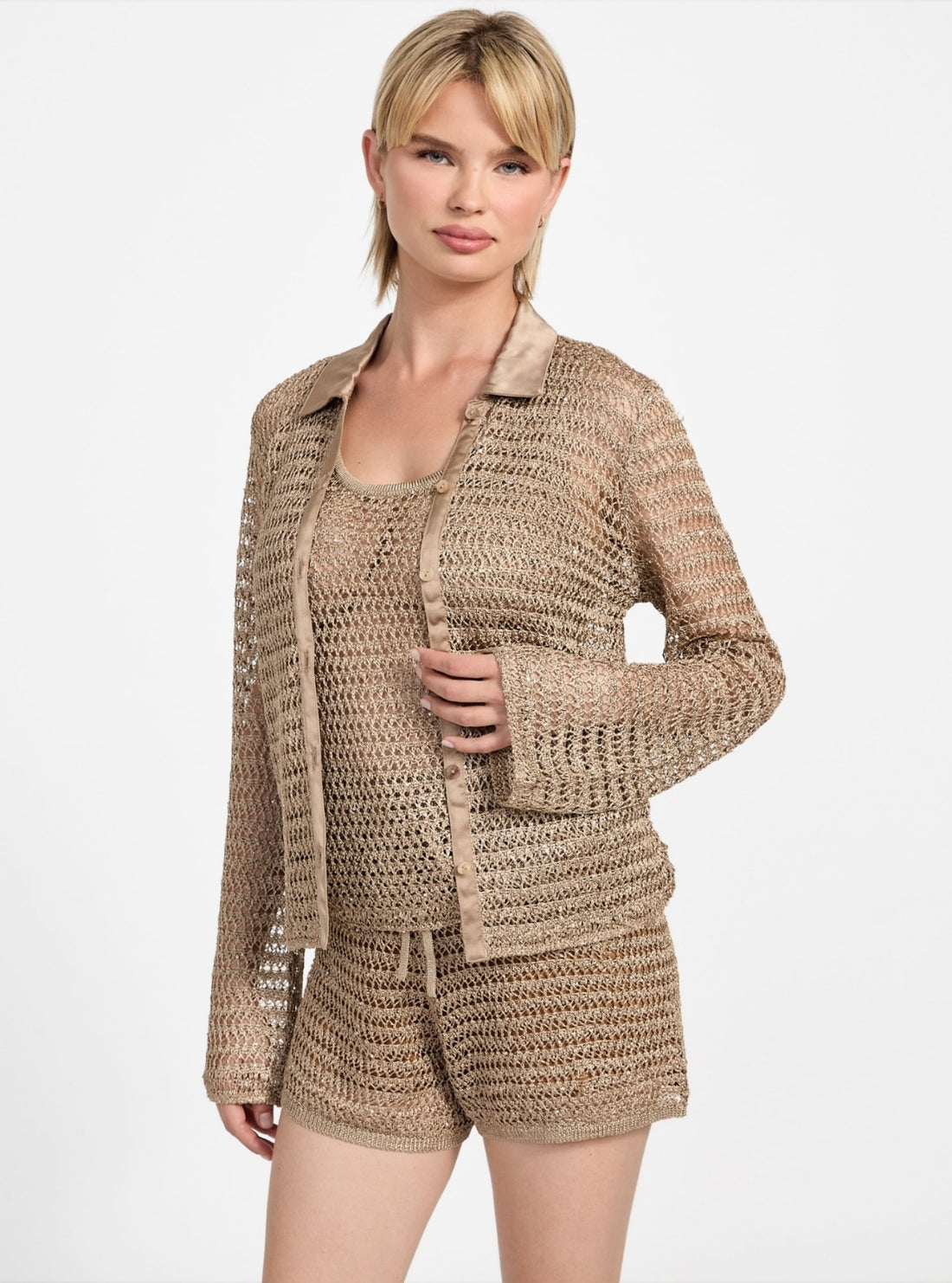 GUESS Womens Beige Bella Button-Front Top W5YR30Z37G0 Front Side View