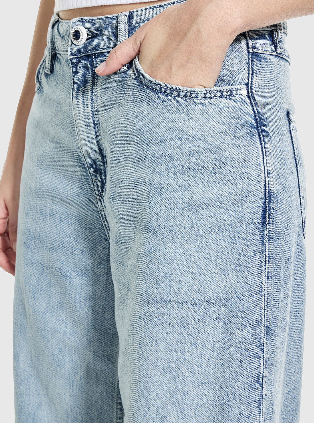 GUESS Womens Bellflower Wide Leg Jeans in Light Wash W6GA82D0697 Detail View
