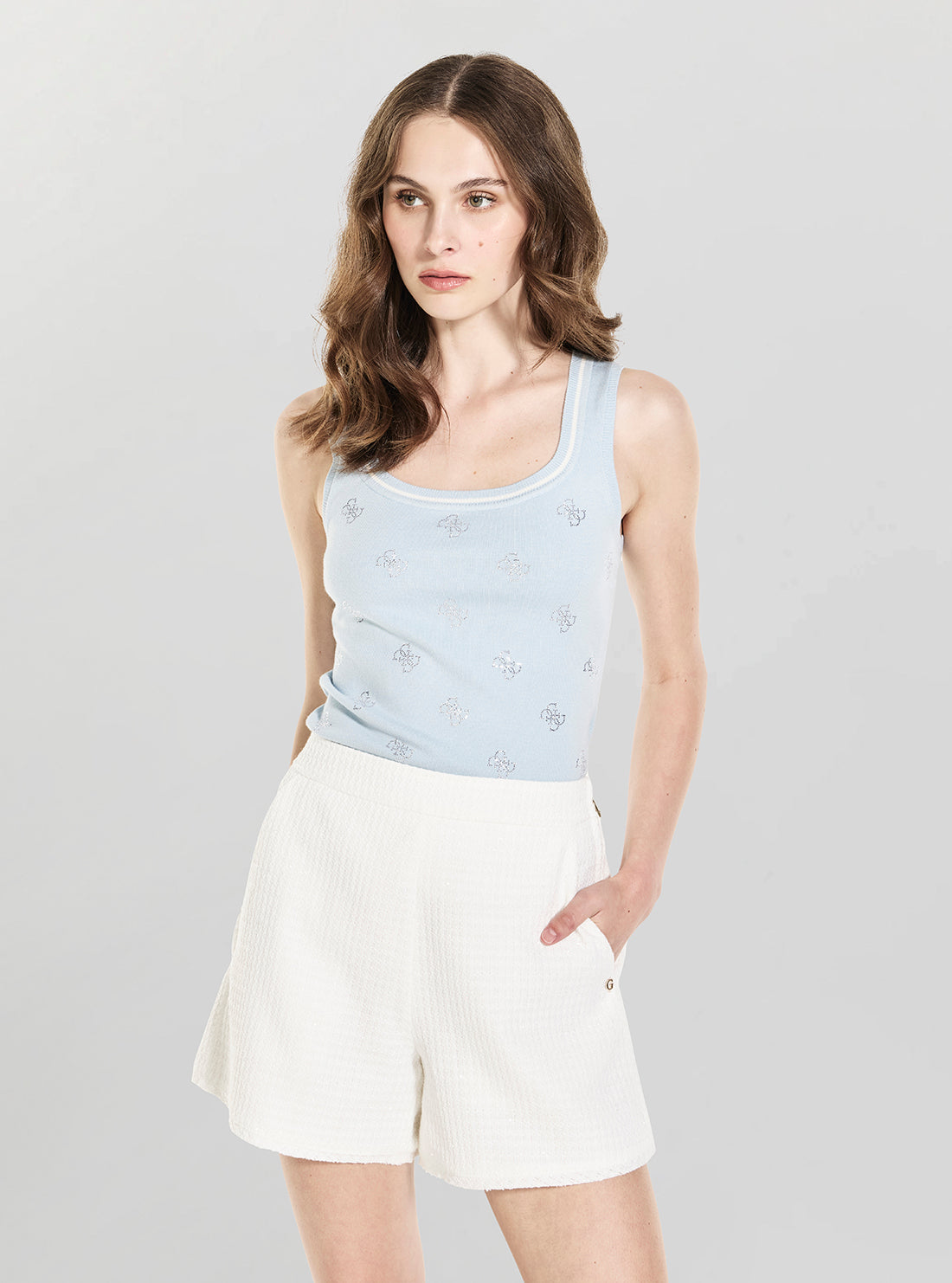 GUESS Womens White Eulalie Tweed Shorts W6GD25W1807 Front View