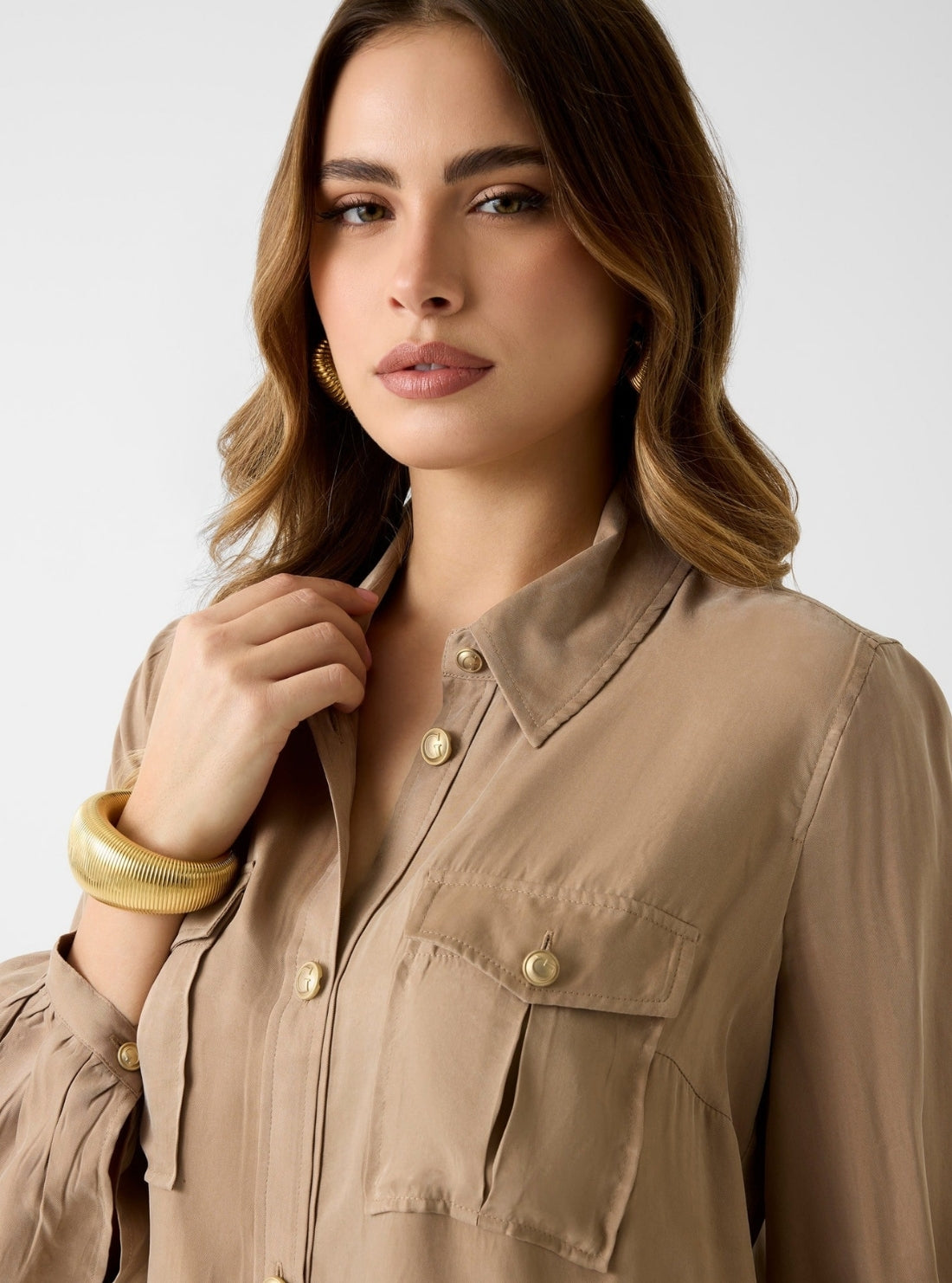 GUESS Womens Eco Brown Dalia Fluid Cropped Shirt W6GH22W1789 Detail View