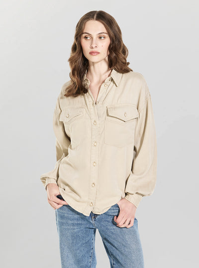 GUESS Womens Beige Lara Long Sleeve Shacket W6GH62W1891 Front View