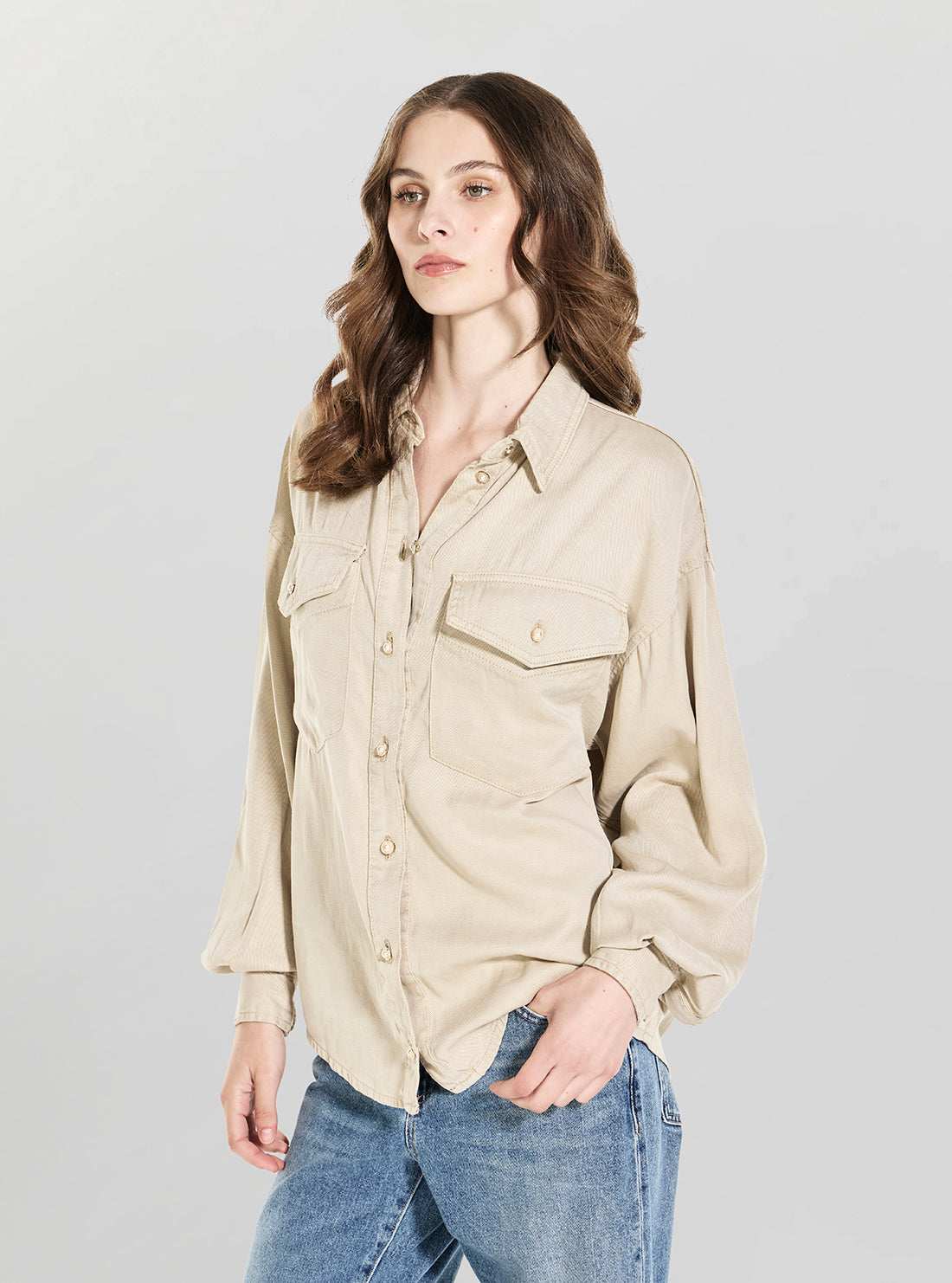 GUESS Womens Beige Lara Long Sleeve Shacket W6GH62W1891 Front View2