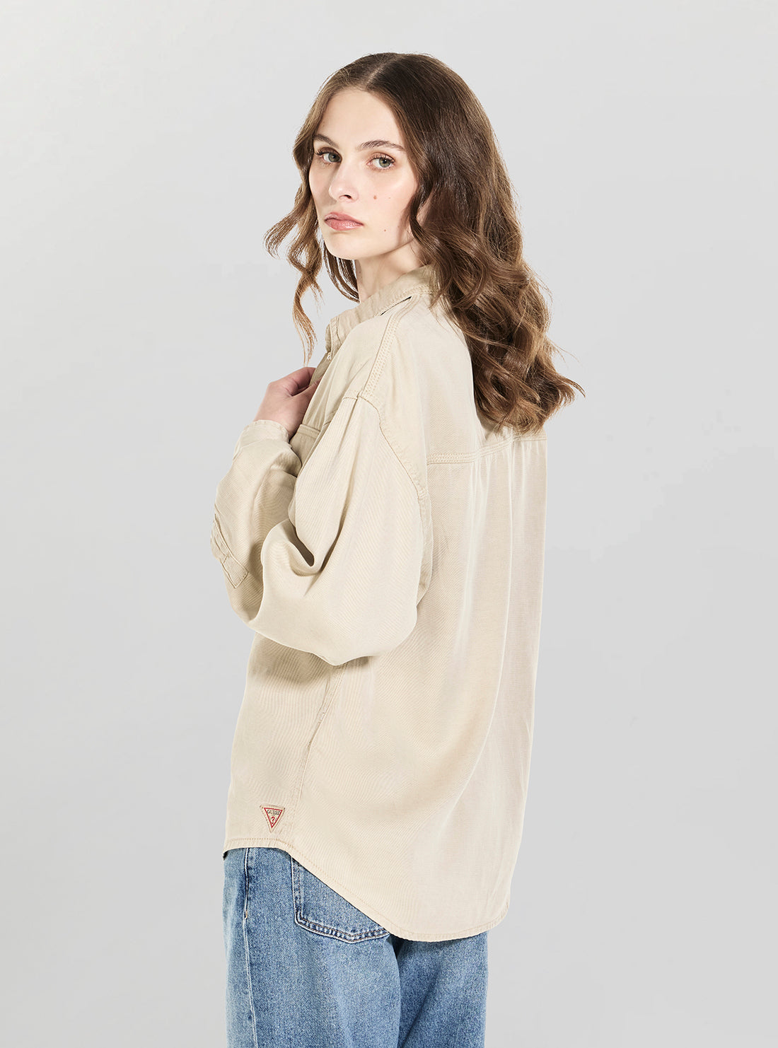 GUESS Womens Beige Lara Long Sleeve Shacket W6GH62W1891 Back View