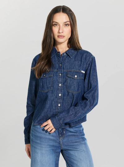 GUESS Womens Blue Wren Denim Top W6GH63D0882 Front View