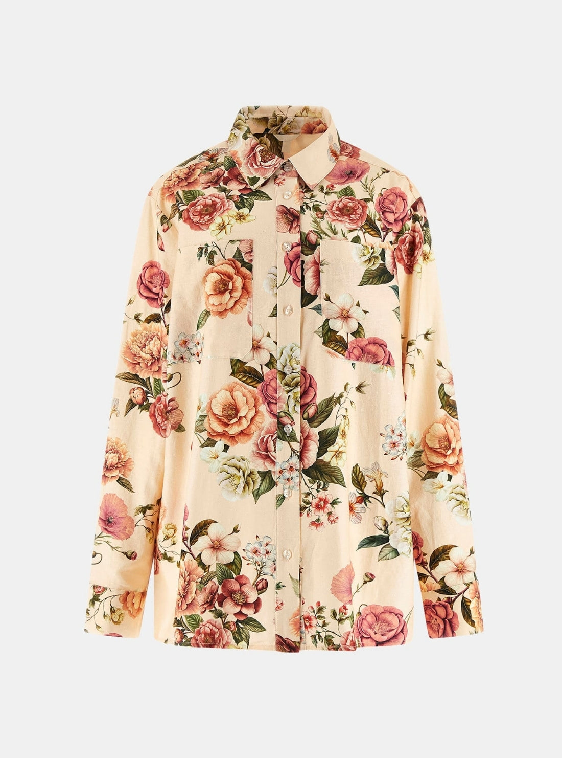 GUESS Womens Cosmic Peony Print Cadie Oversized Linen Top W6GH65W2045 Flatlay