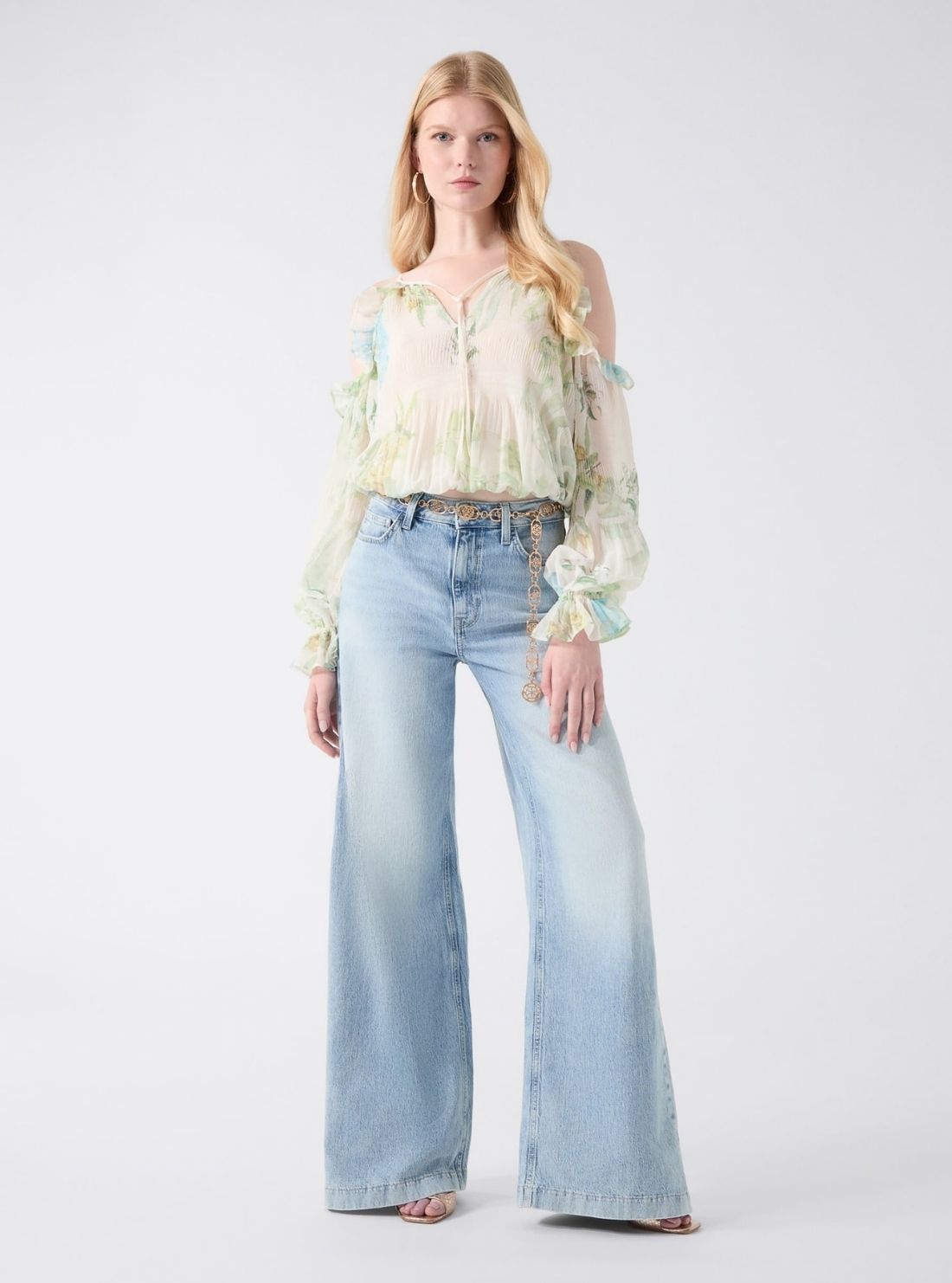 GUESS Womens Garden Lily Print Emily Cold Shoulder Top W6GH94W2397 Full View