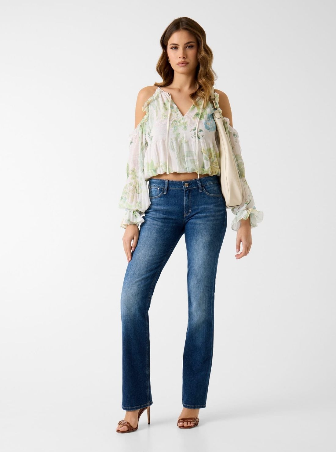 GUESS Womens Garden Lily Print Emily Cold Shoulder Top W6GH94W2397 Full View