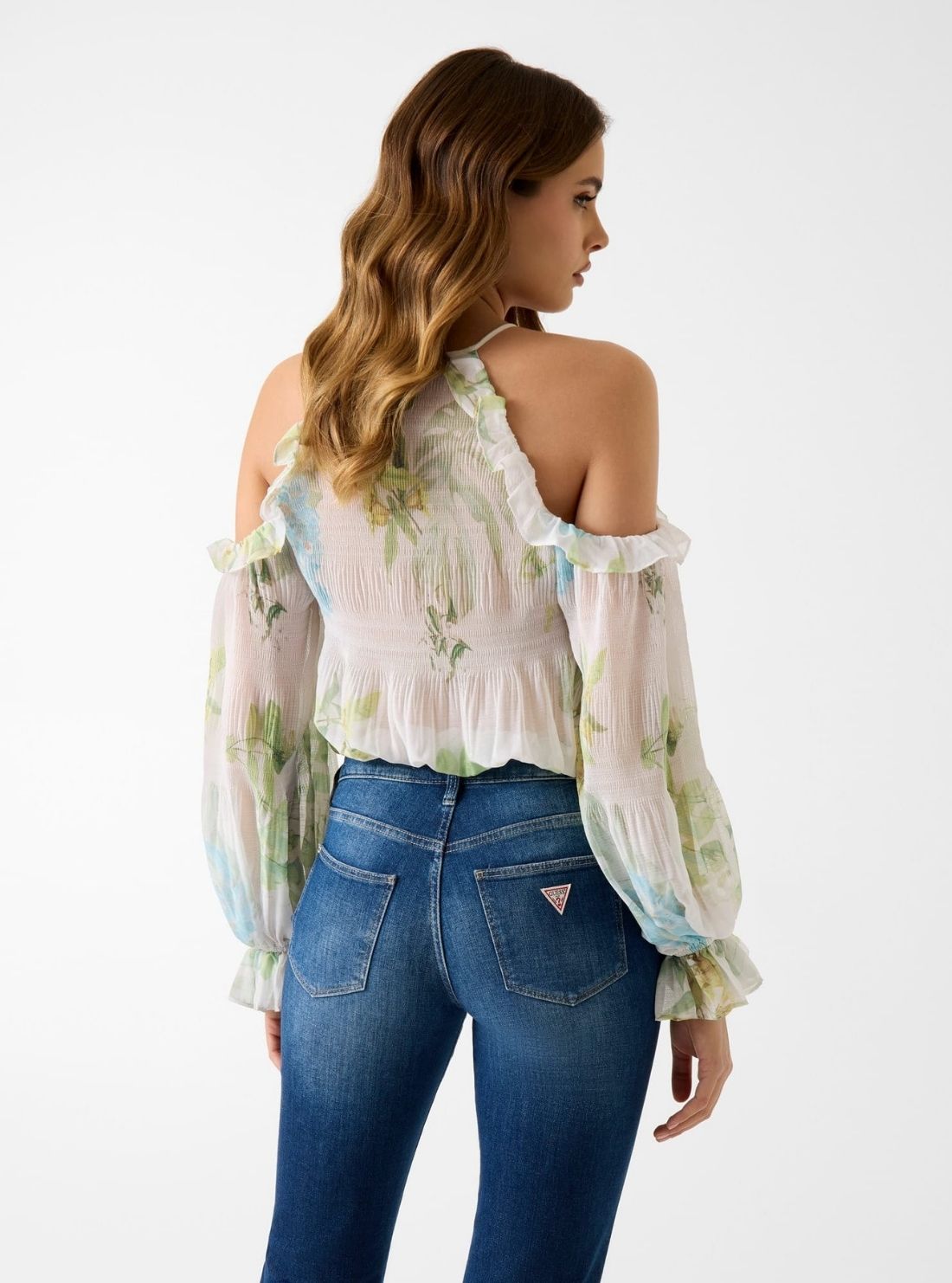GUESS Womens Garden Lily Print Emily Cold Shoulder Top W6GH94W2397 Back View