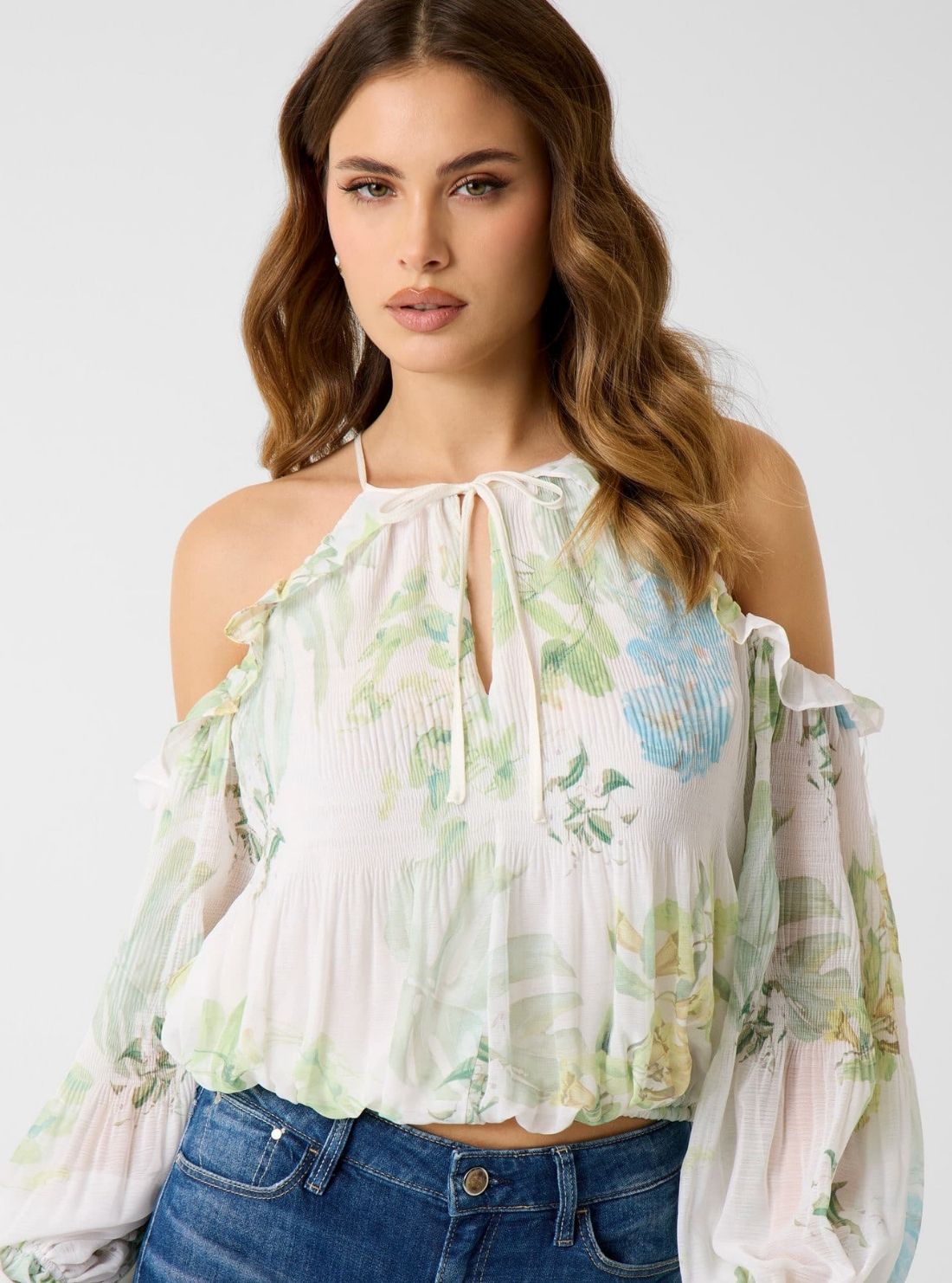 GUESS Womens Garden Lily Print Emily Cold Shoulder Top W6GH94W2397 Detail View
