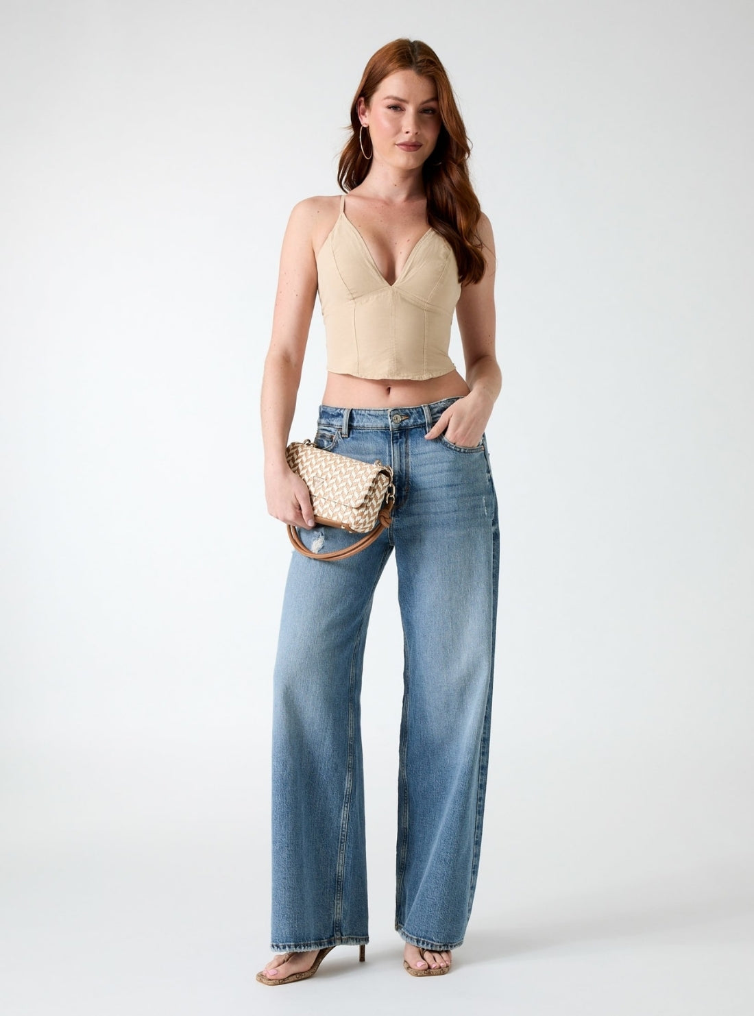 GUESS Womens Beige Wendy Crop Top W6GHA0W2428 Full View