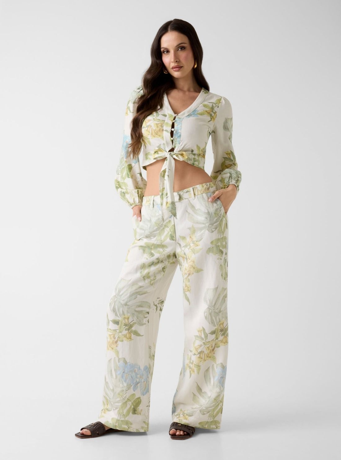 GUESS Womens Garden Lilies Print Shirley Linen Top W6GHA4W2565 Full View