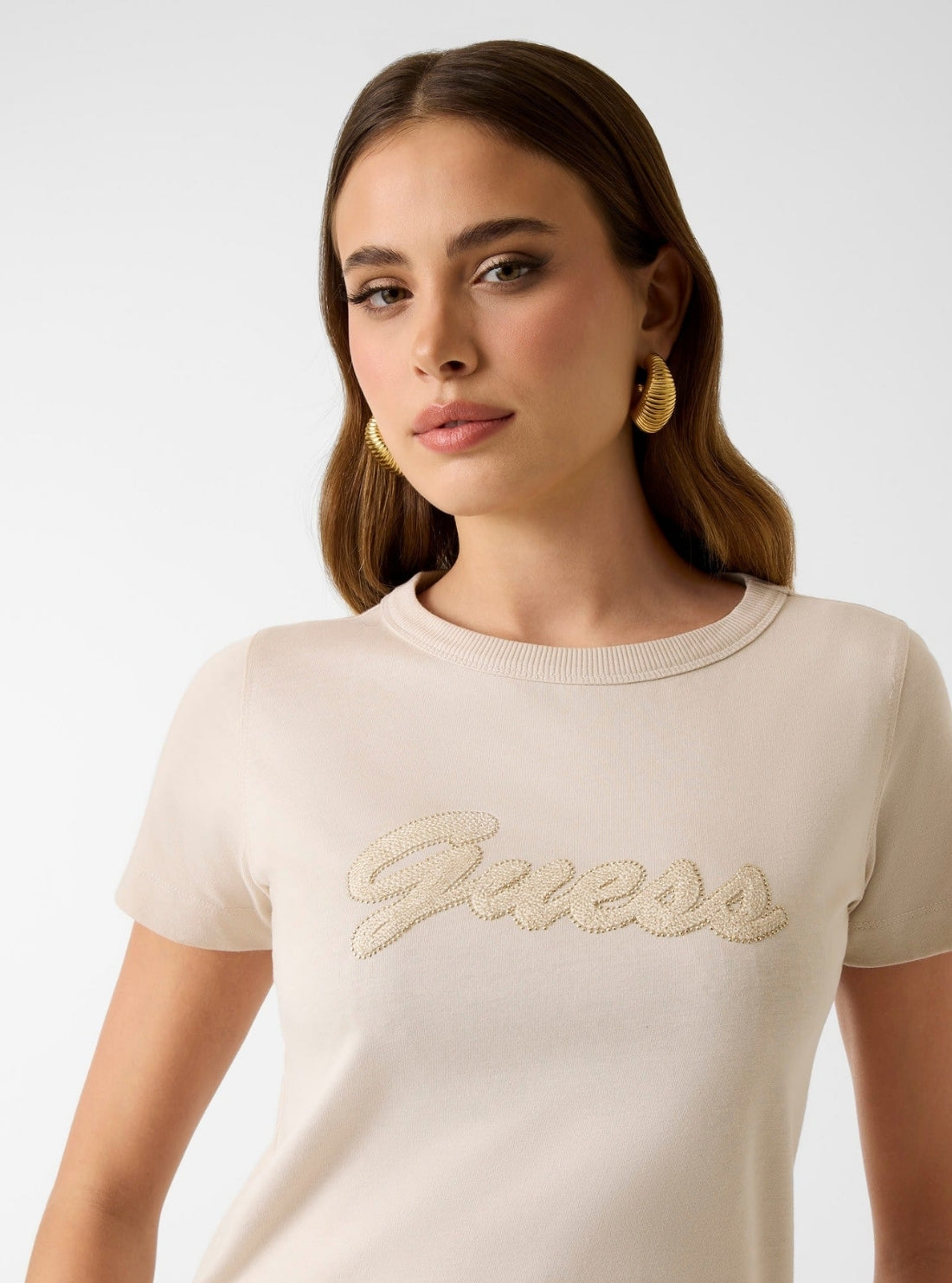 GUESS Womens Eco Beige 3D Guess Script T-Shirt W6GI08K3023 Detail View