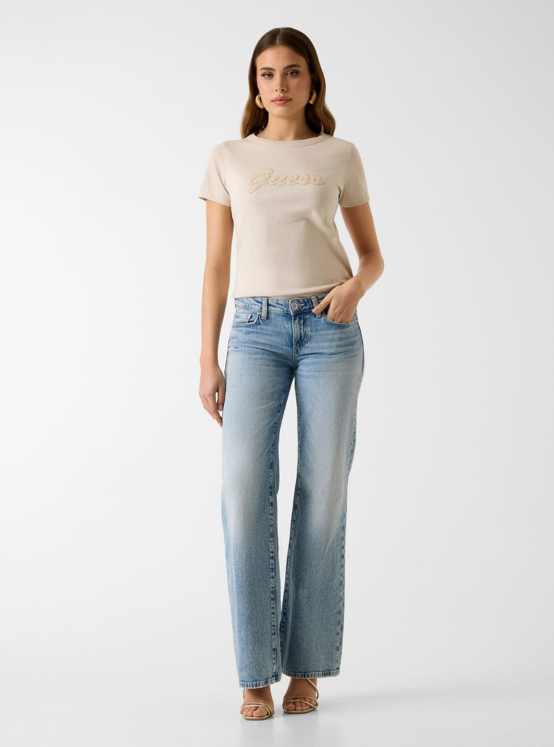 GUESS Womens Eco Beige 3D Guess Script T-Shirt W6GI08K3023 Full View