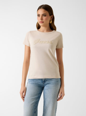 GUESS Womens Eco Beige 3D Guess Script T-Shirt W6GI08K3023 Front View