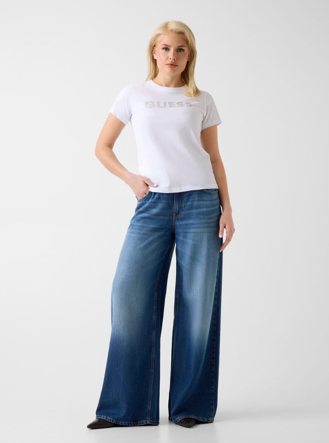 GUESS Womens Eco White Guess Studs Script T-Shirt W6GI15K3035 Full View