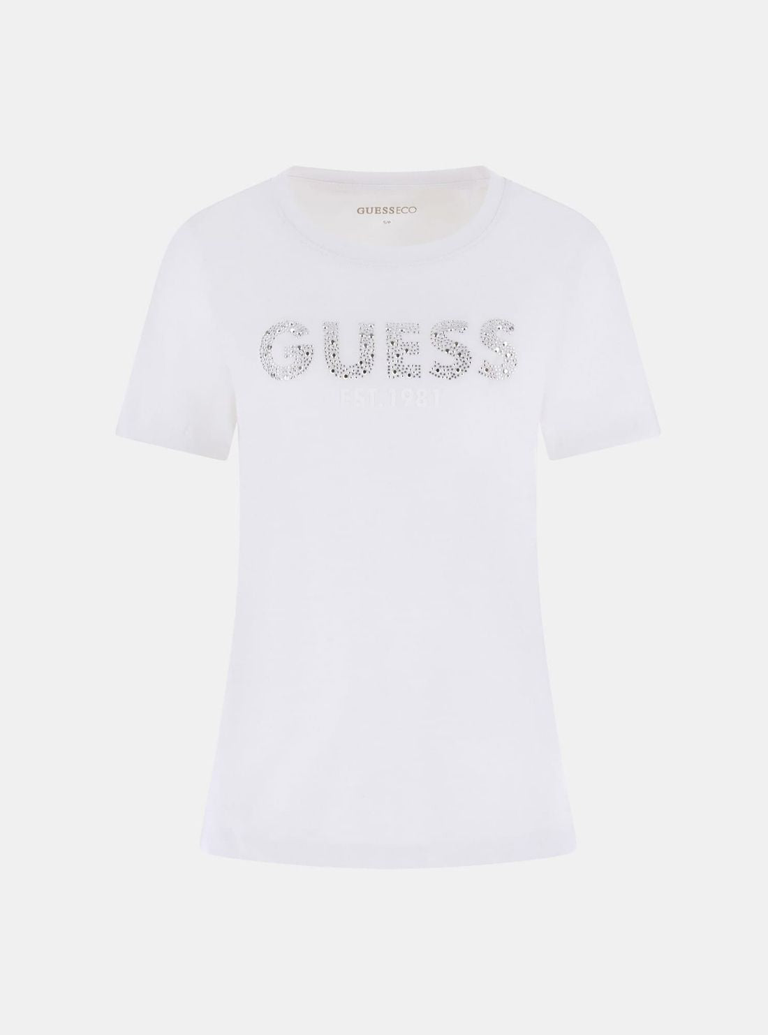 GUESS Womens Eco White Guess Studs Script T-Shirt W6GI15K3035 Flatlay