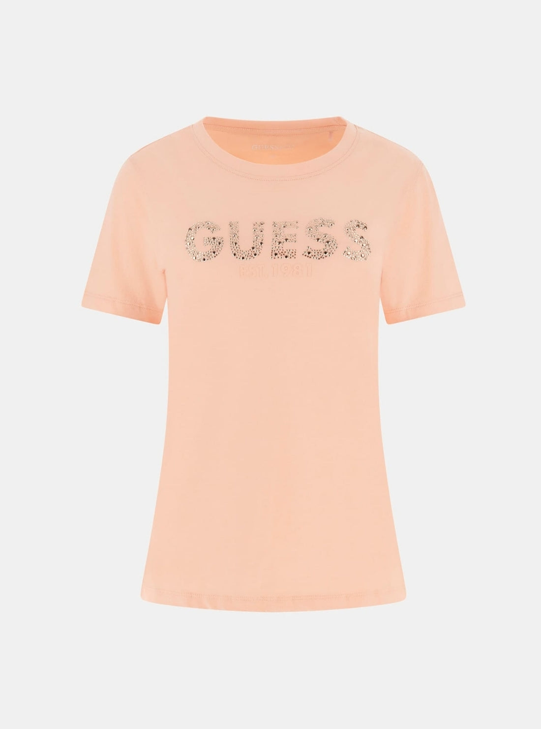 GUESS Womens Eco Peach Creme Guess Studs Script T-Shirt W6GI15K3035 Flatlay