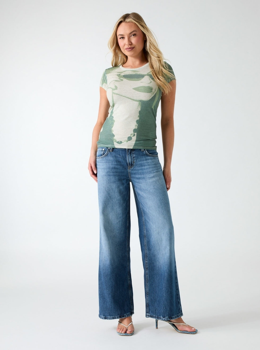 GUESS Womens Army Olive Multi Icon Shades T-Shirt W6GI28K3163 Full View