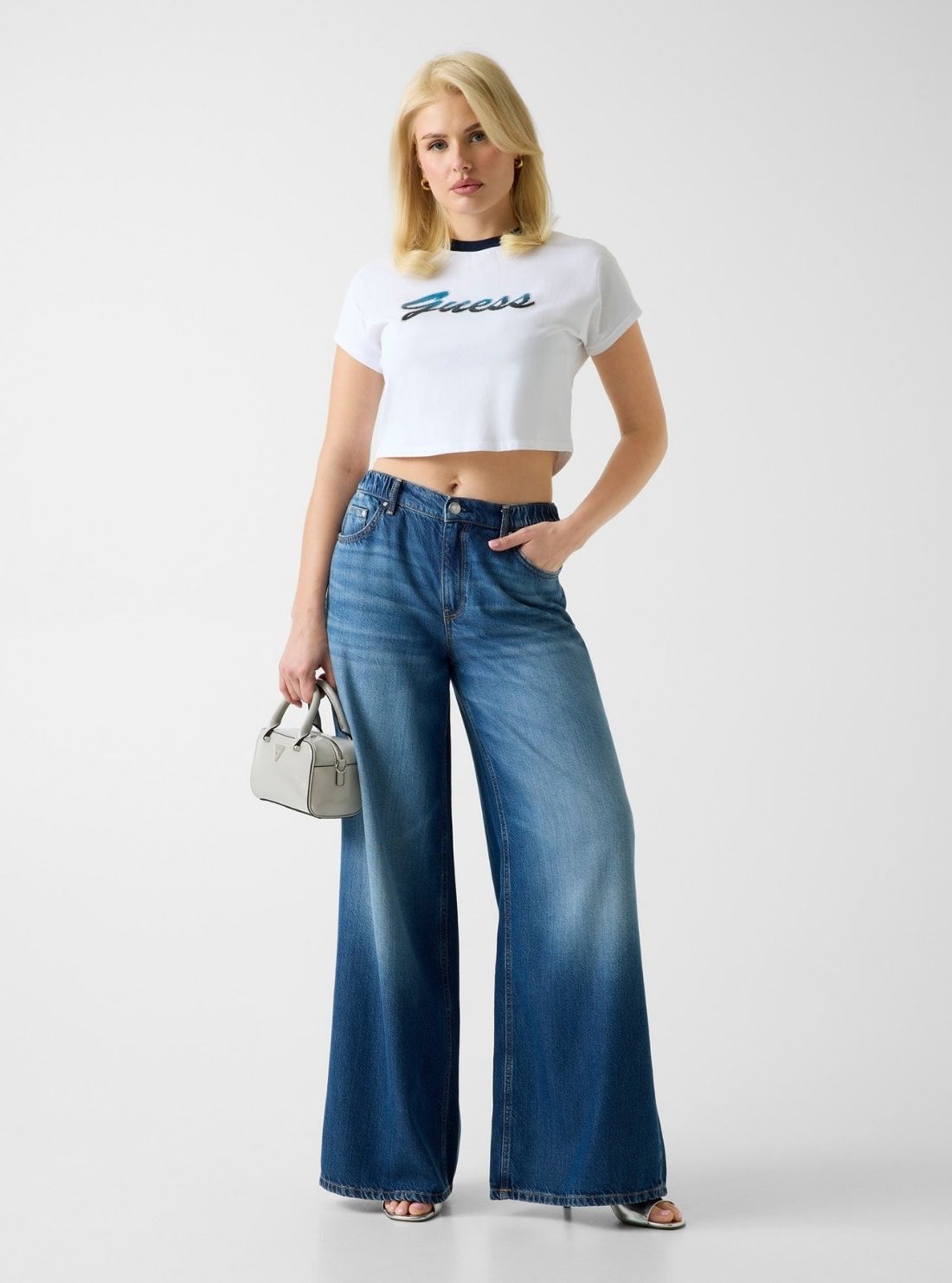 GUESS Kids White Script Cropped T-Shirt W6GI31K3224 Full View
