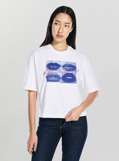 GUESS Womens White French Lips Oversized T-Shirt W6GI40K3532 Front View