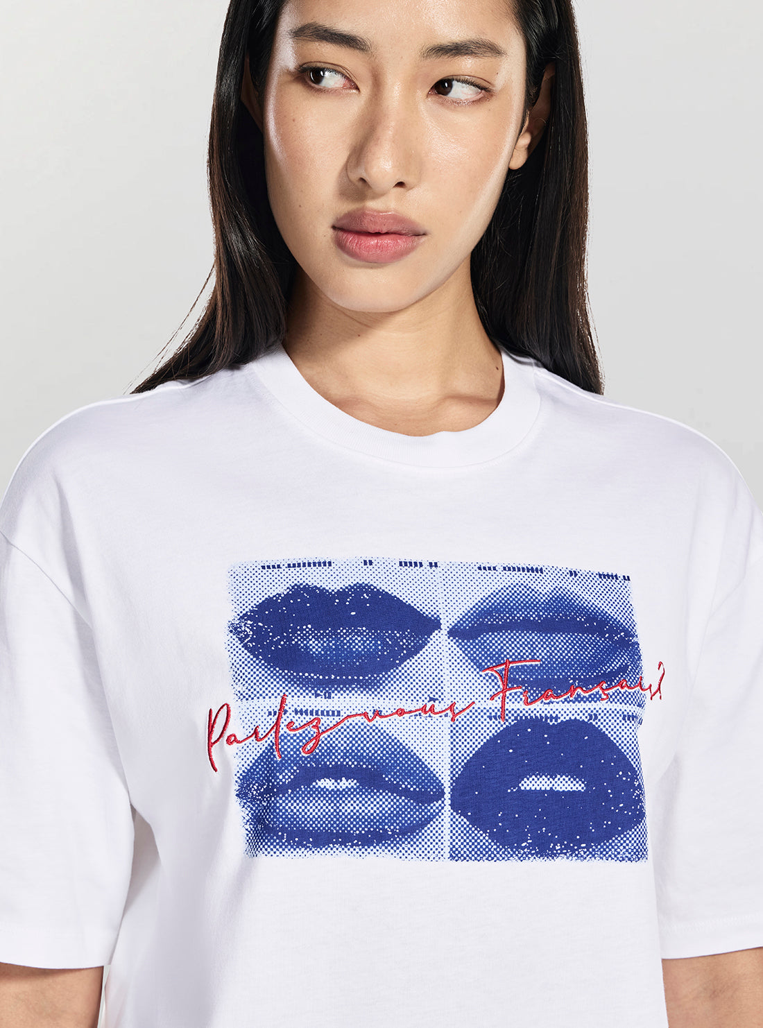GUESS Womens White French Lips Oversized T-Shirt W6GI40K3532 Detail View