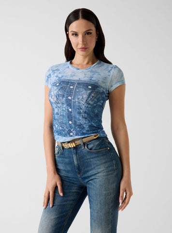 GUESS Womens Blue Flower Denim Sub T-Shirt W6GI44K3614 Front View