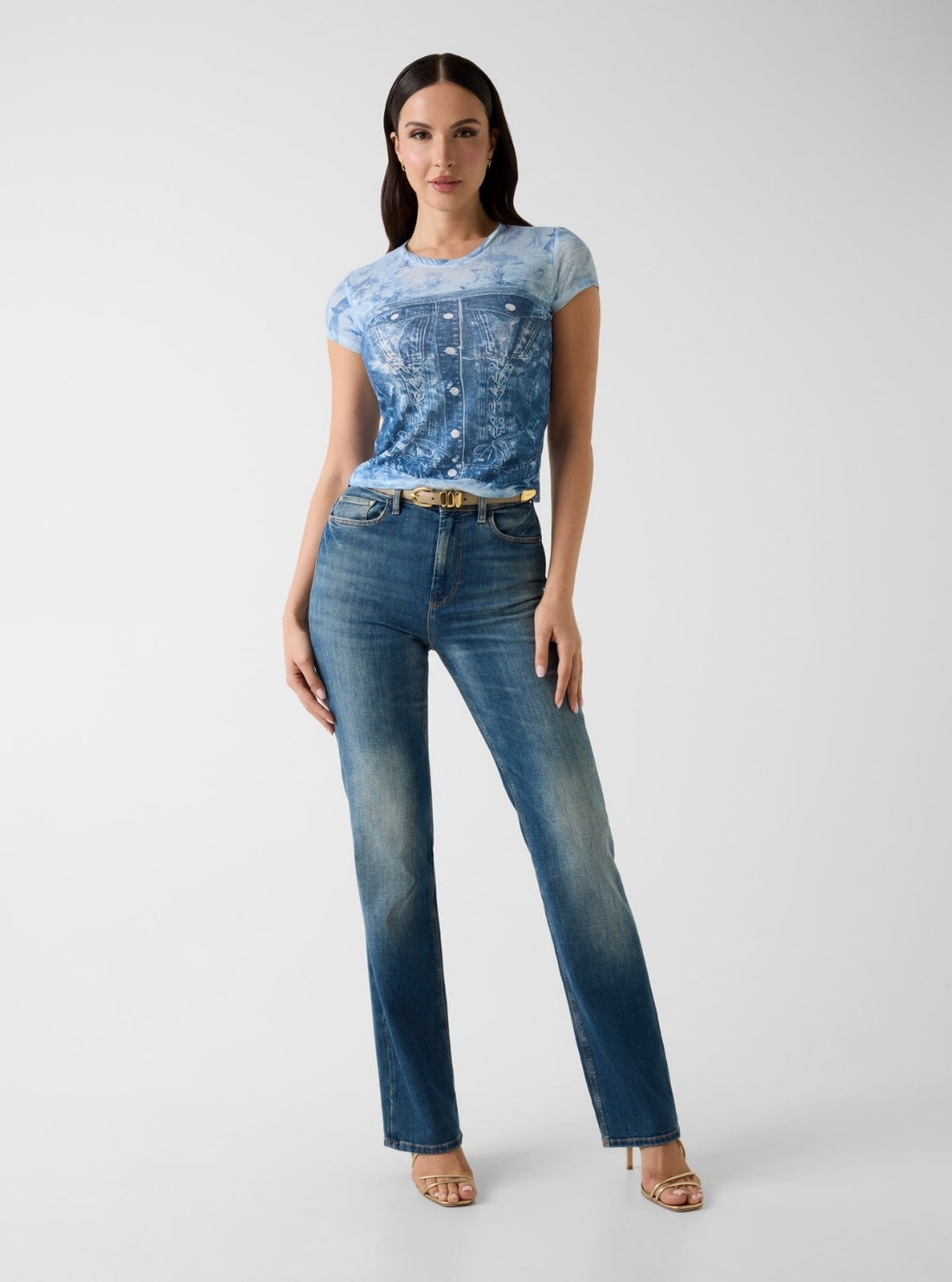 GUESS Womens Blue Flower Denim Sub T-Shirt W6GI44K3614 Full View