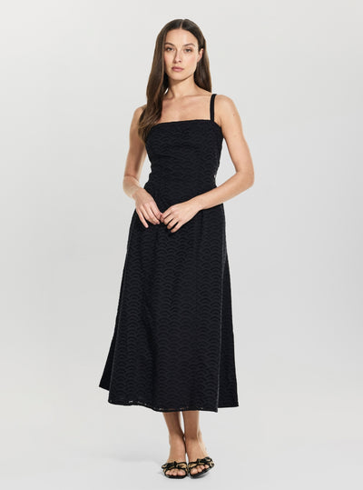 GUESS Womens Eco Black Sharon Sangallo Midi Flare Dress W6GK44W1884 Front View