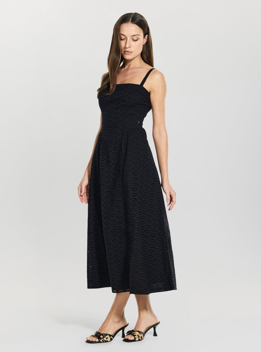 GUESS Womens Eco Black Sharon Sangallo Midi Flare Dress W6GK44W1884 Full Side View